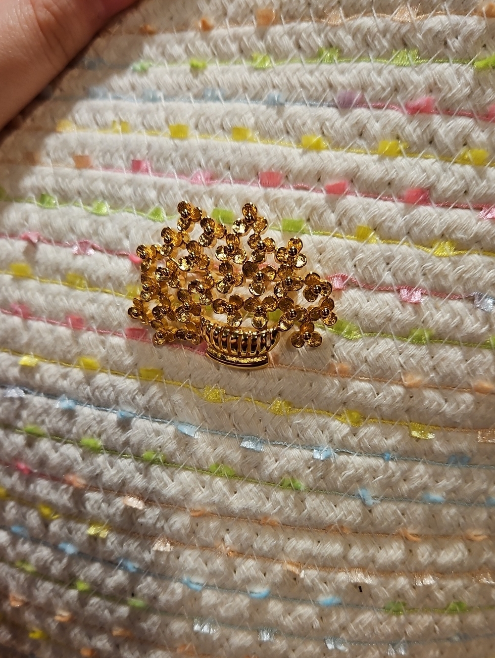 Monet Floral Basket Brooch Pin - Gold Tone